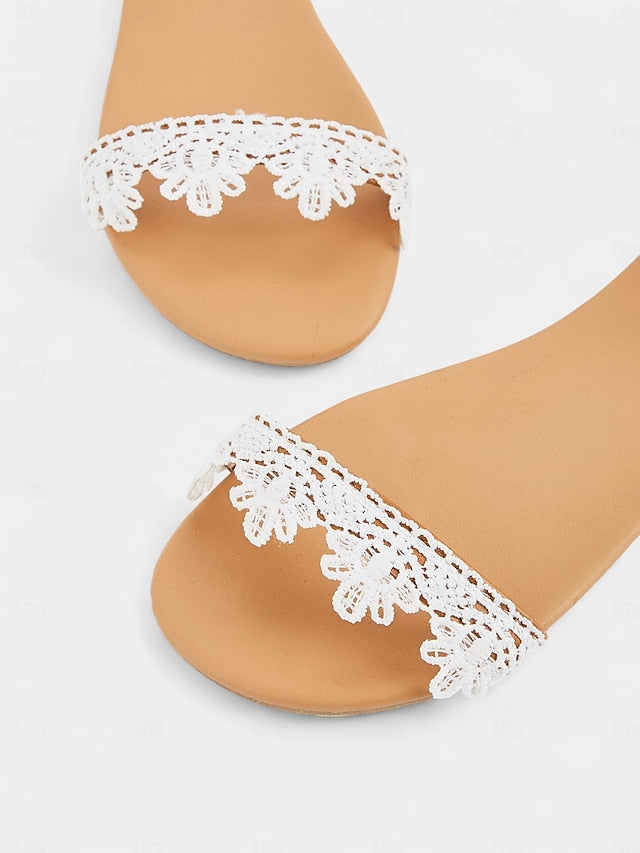 Ankle Strap Women's Sandals White Lace with Floral
