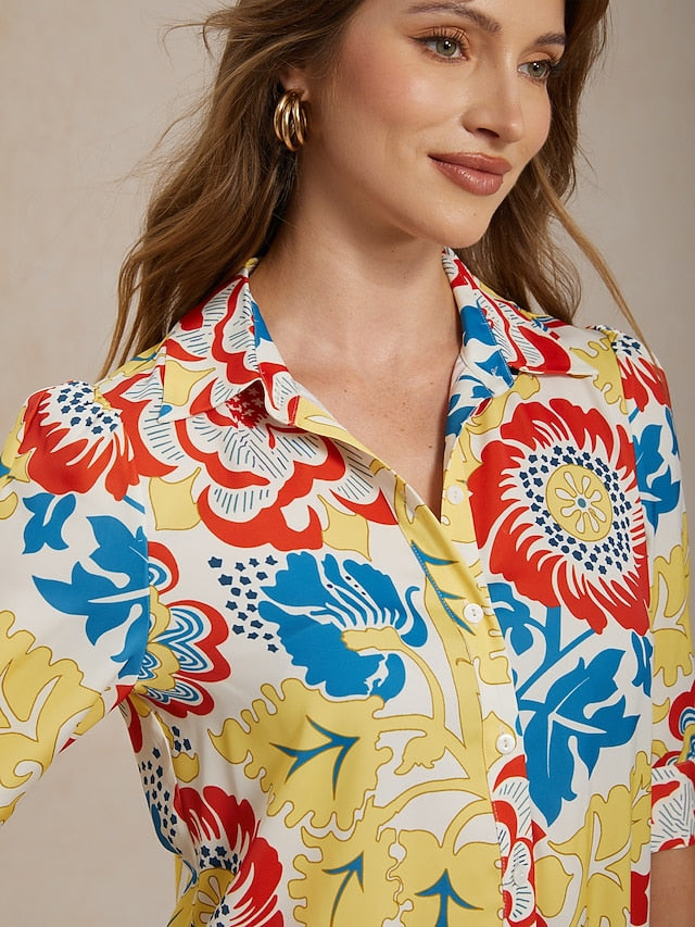 Vacation Satin Yellow Floral Print Shirt Mini Dress