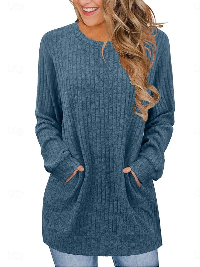 Women's Blouse Pocket Solid Color Stylish Casual Long