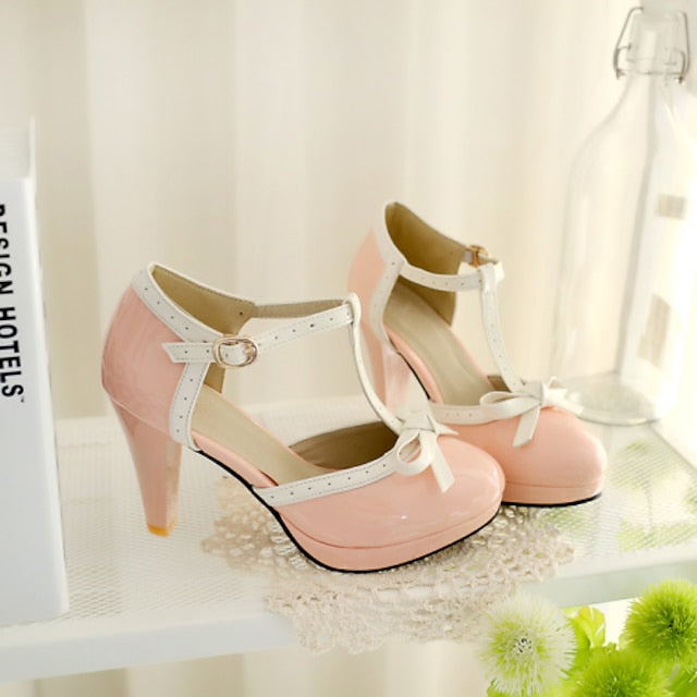 with Leather White Patent T-Strap Women's High Heels Black