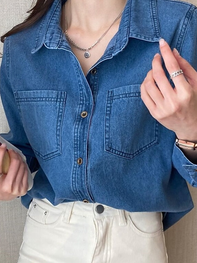 Women's Shirt Blouse Pocket Buttons Plain Casual Long