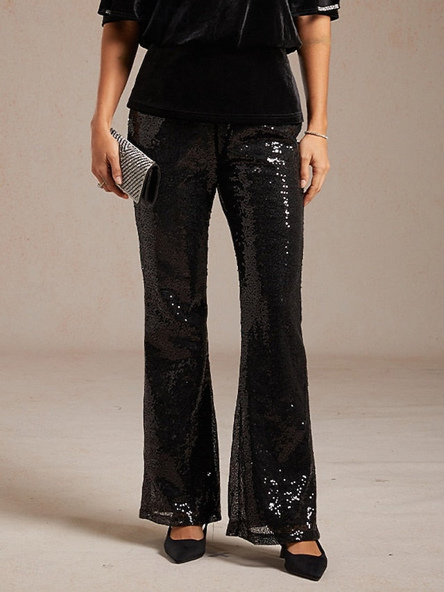 Women's Bell Bottom Elegant Full Length Mid Waist Sequins