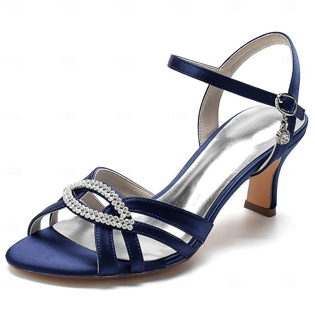 Dark Strappy Blue Women's Heels with Rhinestone Satin