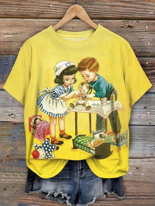 Women's T Shirt Print Vintage Casual Short Sleeve Round