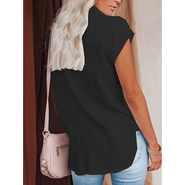 Women's Shirt Button Down Blouse Solid Color Plain Basic