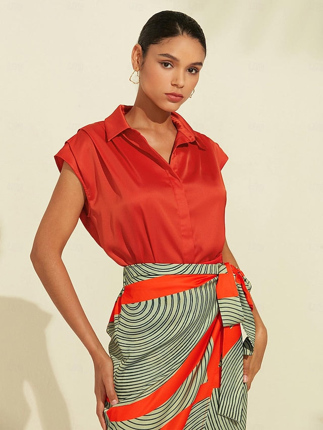 Women's Midi Skirt Green Color Block Elastic Waistband