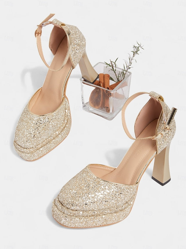 Glitter Gold Heels Women's Platform High