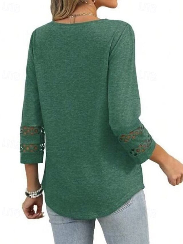 Women's T Shirt Eyelet Plain Casual Long Sleeve V Neck