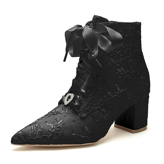 Lace-Up – White Women's Embroidered Booties Bridal Floral