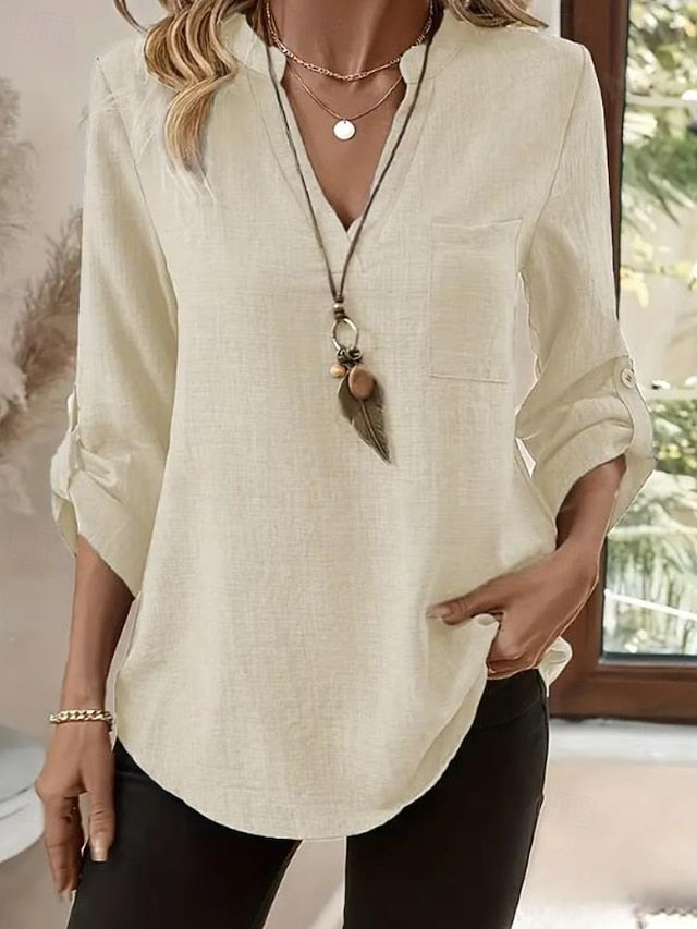 Women's Blouse Pocket Buttons Plain Casual Long Sleeve V
