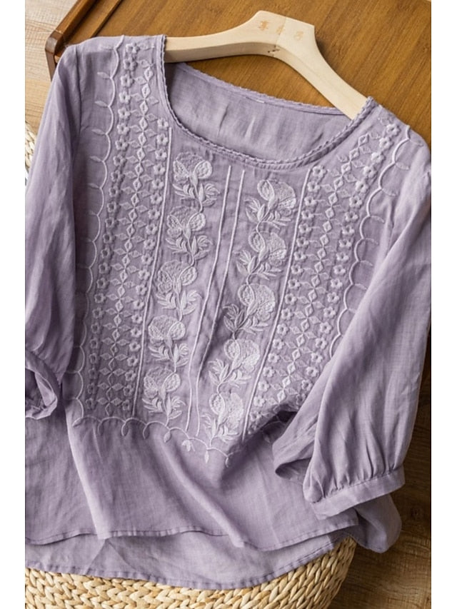 Women's Shirt Cotton Blend Blouse Plain Modern Half Sleeve