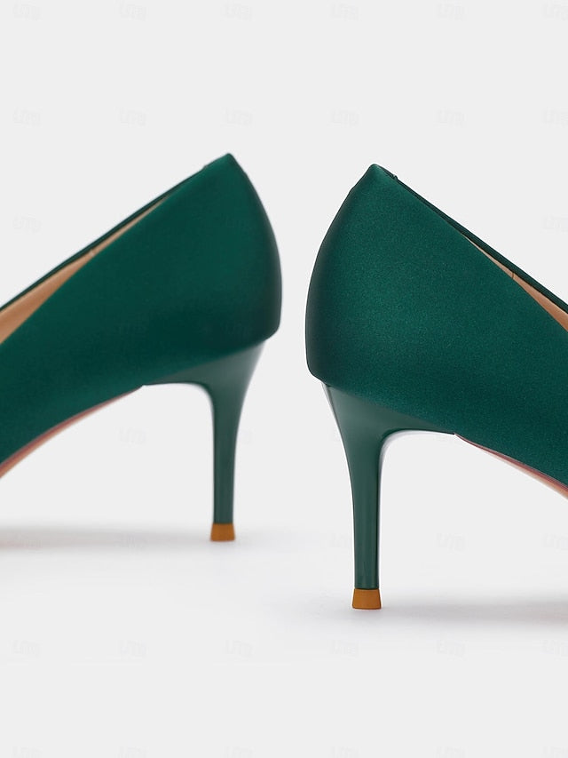 Women: for Pumps Satin Elegant Rhinestone with Buckle Green