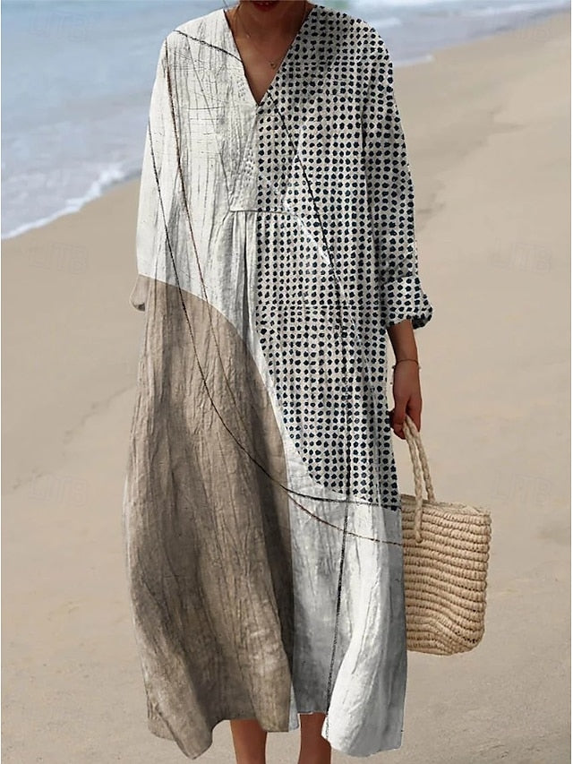 Women's Midi Dress V Neck Long Sleeve Kaftan Lightweight