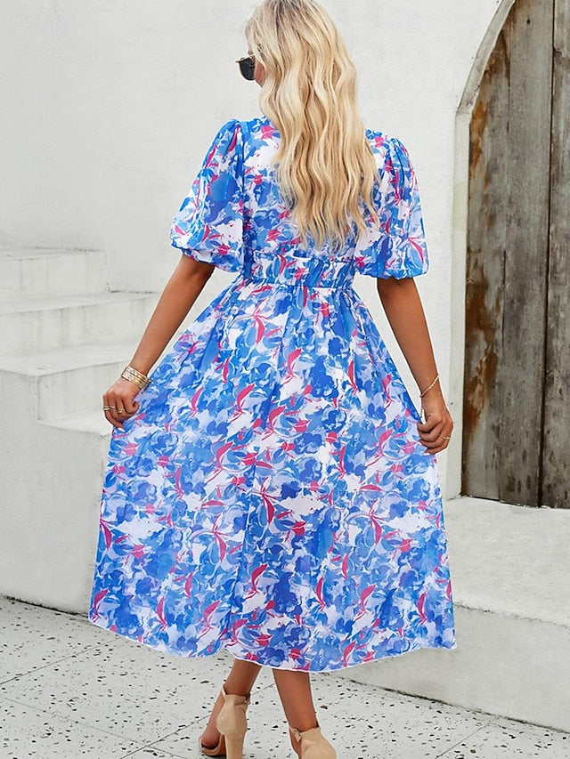 Women's Casual Dress Floral Print V Neck Midi Dress Ethnic