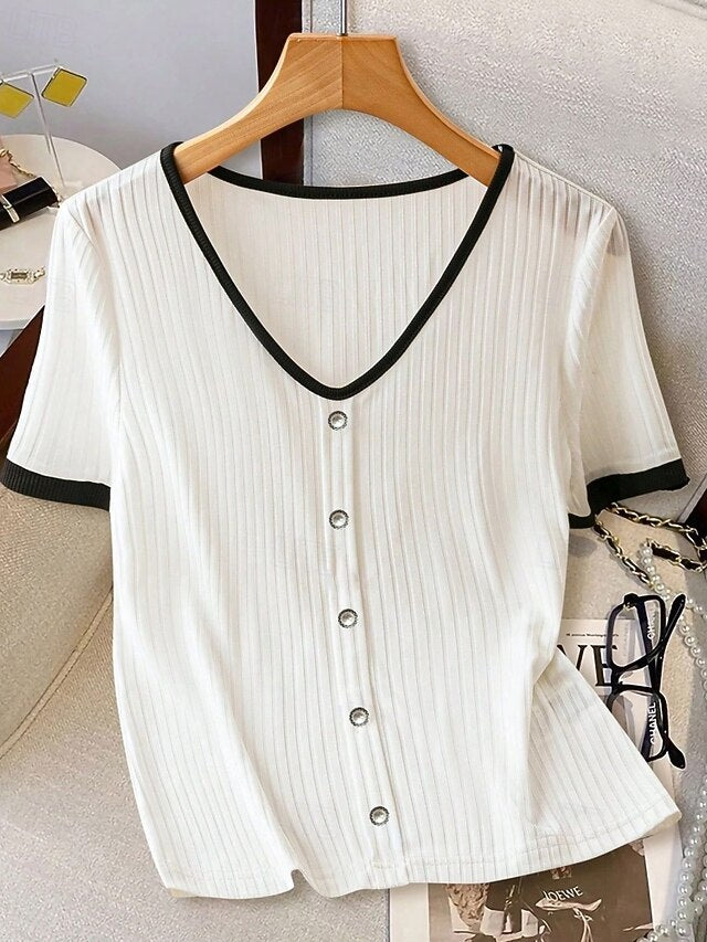 Women's Summer Tops Blouse Patchwork Buttons Color Block