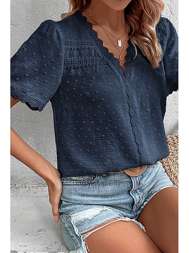 Women's T Shirt Lace Solid Color Fashion Short Sleeve V