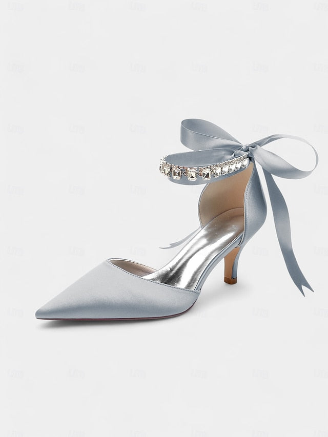 Blue Satin Rhinestone Heels Pointed-Kitten Strap Ankle and with