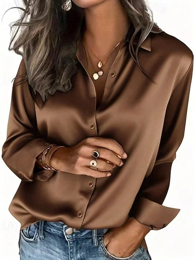 Women's Shirt Elegant Satin Top Blouse Buttons Plain Active