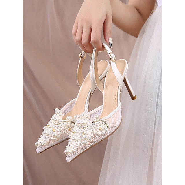 Heel Slingback Kitten White Pearl-Embellished with Pointed-Toe