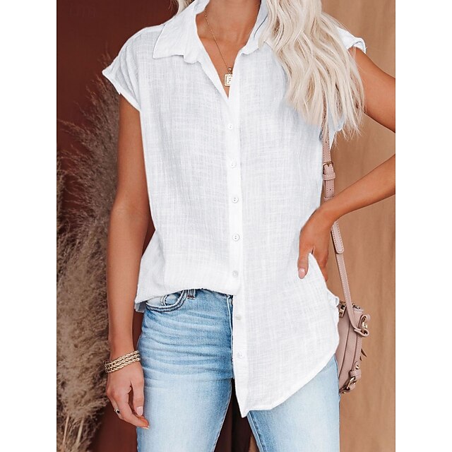 Women's Shirt Button Down Blouse Solid Color Plain Basic