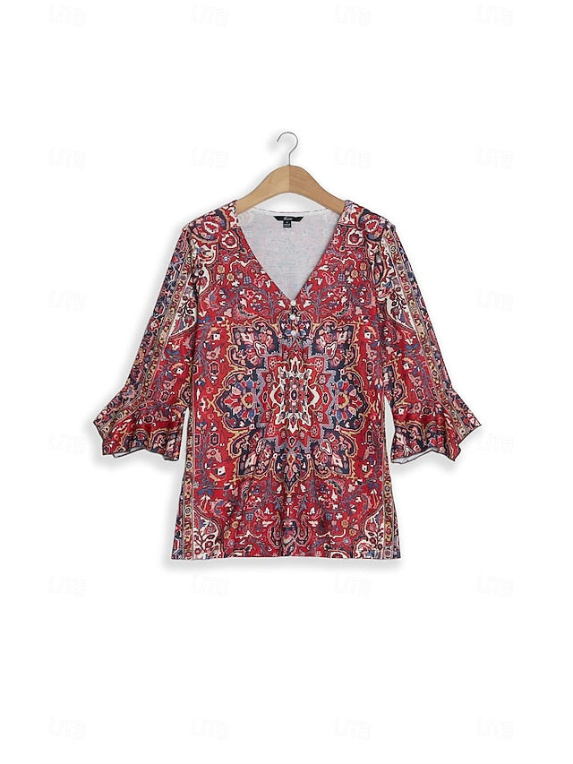 Women's T Shirt Henley Shirt Buttons Print Floral Vintage