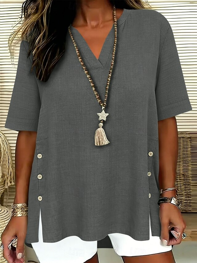 Women's Blouse Faux Linen Shirt Buttons Solid Color Daily