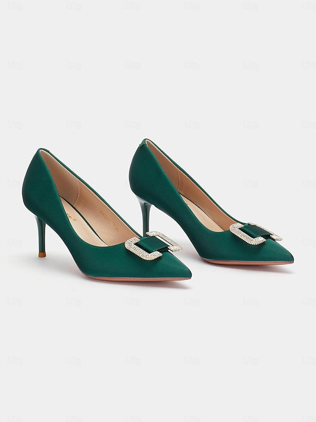 Elegant with Rhinestone Green Satin Women: for Buckle Pumps