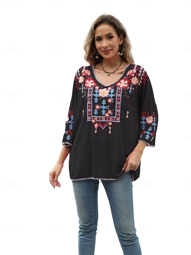 Women's Boho Shirt Embroidered Solid Color Floral Bohemia
