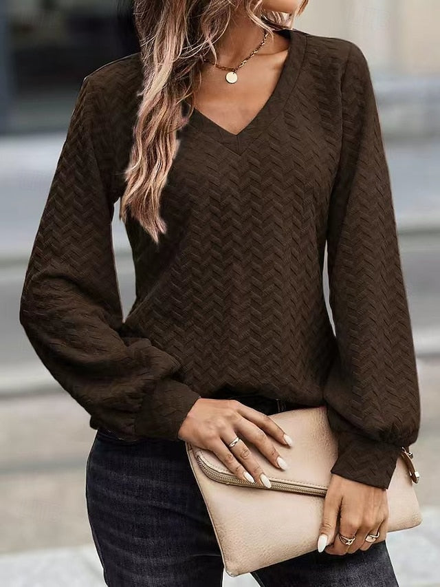 Women's Blouse Solid Color Stylish Casual Long Sleeve V
