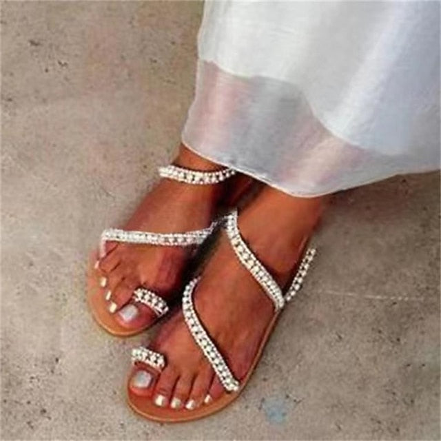 Flat Women's Pearl-Embellished Strappy – Elegant Sandals