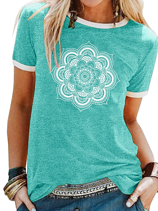 Women's T Shirt Patchwork Print Floral Graphic Mandala