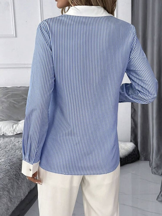 Women's Dress Shirt Blouse Buttons Print Striped Elegant