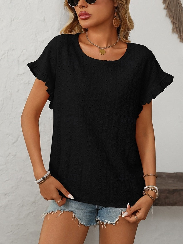 Women's T Shirt Tee Top Eyelet Plain Fashion Stylish