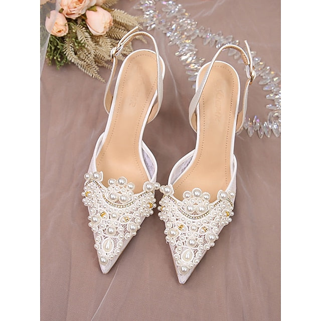 Kitten Slingback Pointed-Toe Pearl-Embellished Heel with White