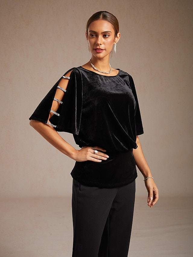 Women's Velvet Dressy Tops Beaded Cut Out Elegant Party