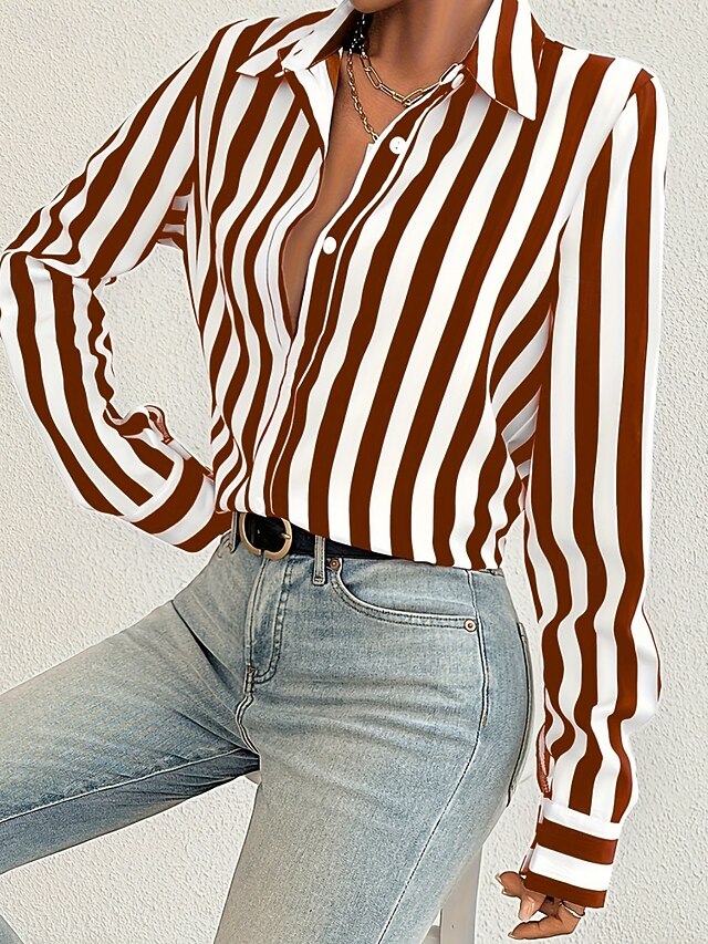 Women's Shirt Blouse Patchwork Buttons Striped Elegant