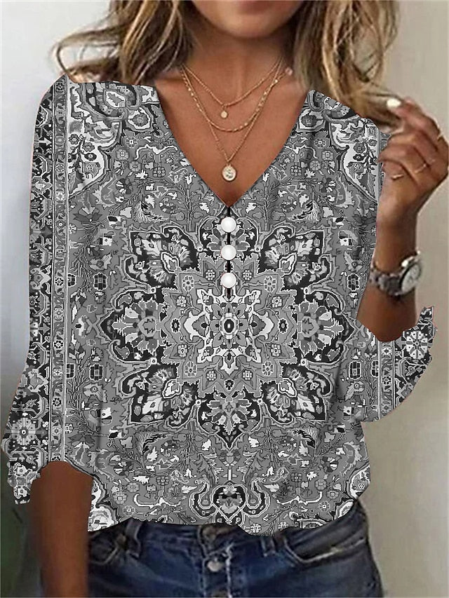 Women's T Shirt Henley Shirt Buttons Print Floral Vintage