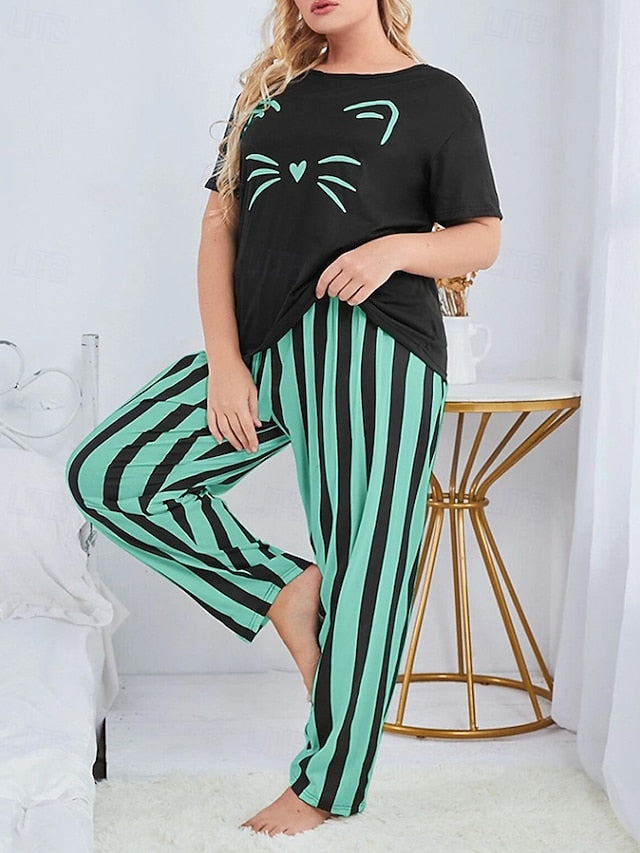 Women's Blouse Pants Sets Short Sleeve Crew Neck Cat