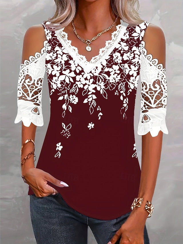 Women's Lace Splicing Top Blouse Lace Print Floral Stylish