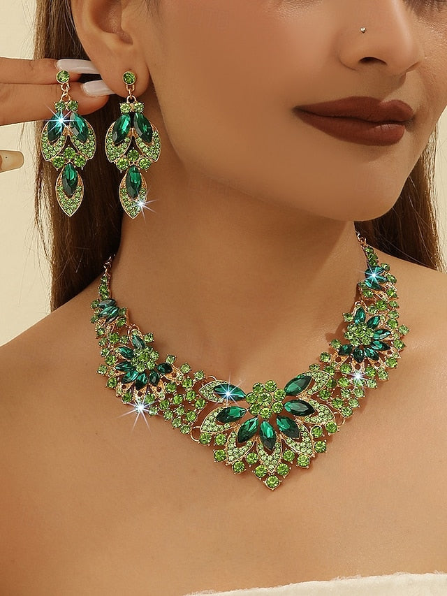 Elegant Set – Jewelry Statement Necklace Crystal Green