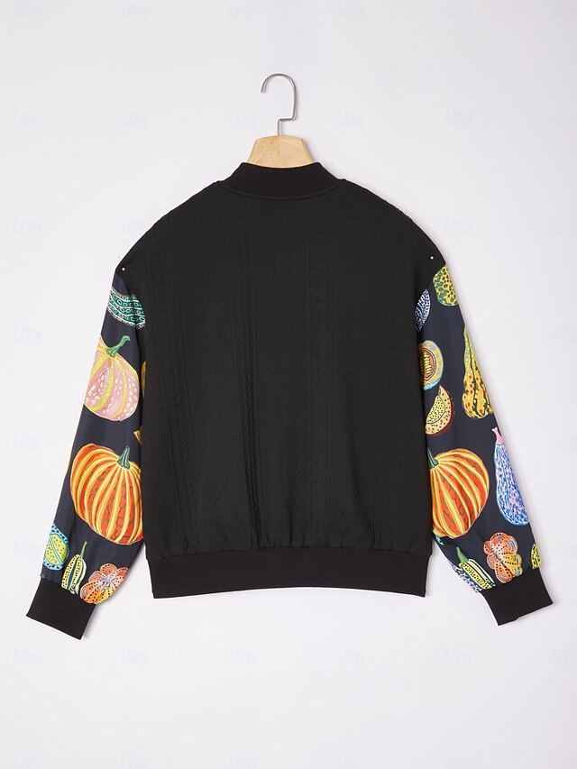 Women's Bomber Jacket Casual Street Patchwork Pumpkin Print