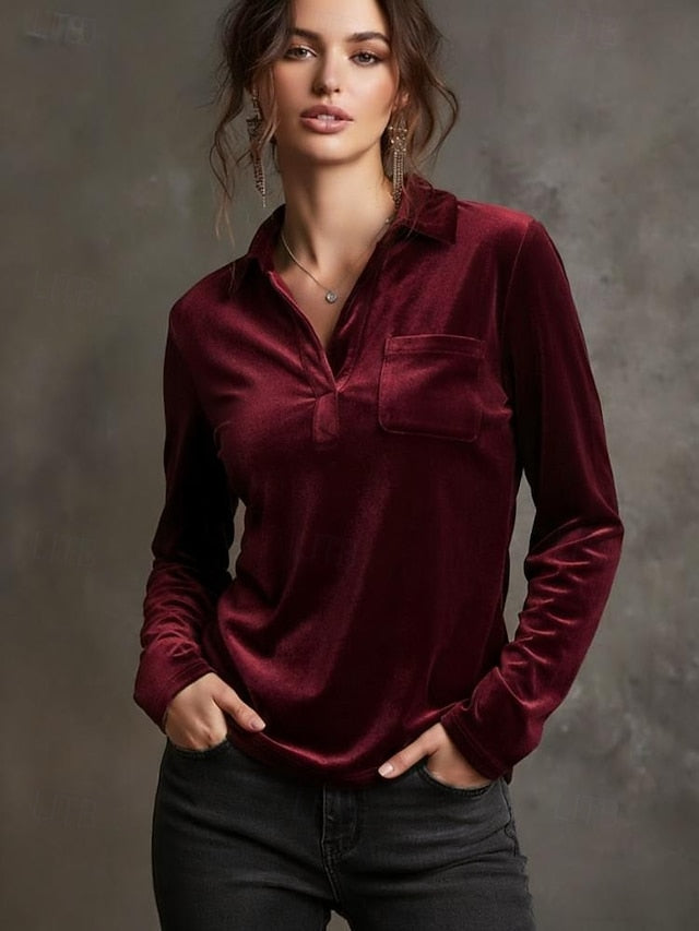 Women's Velvet Blouse Buttons Plain Vintage Stylish Long
