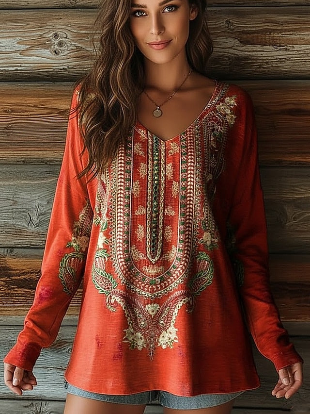 Women's Boho T shirt Long Sleeve Floral Graphic Plants