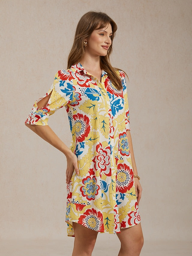 Vacation Satin Yellow Floral Print Shirt Mini Dress