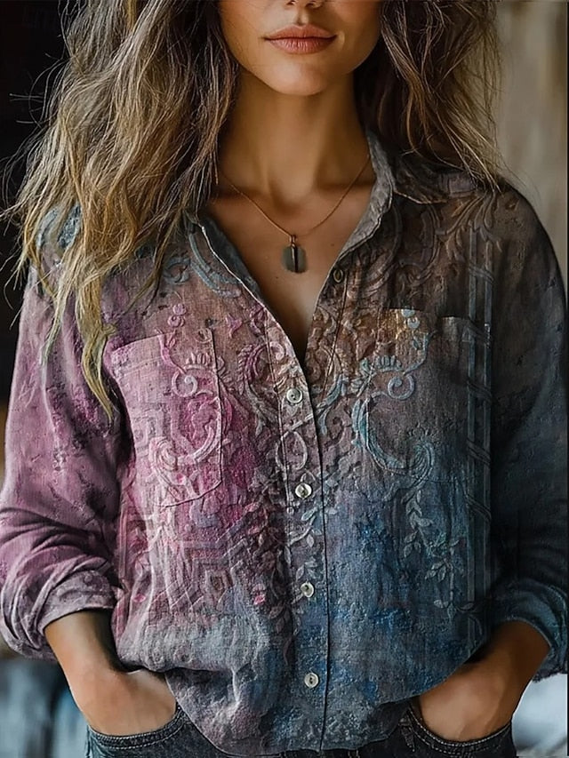 Women's Shirt Pocket Buttons Print Floral Ethnic Retro