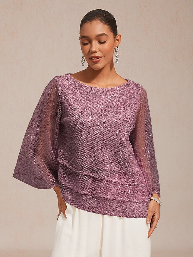 Women's Blouse Lace Tops Sequins Patchwork Illusion Solid