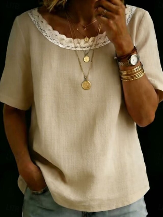 Women's Lace Shirt T Shirt Tee Top Patchwork Lace Trim
