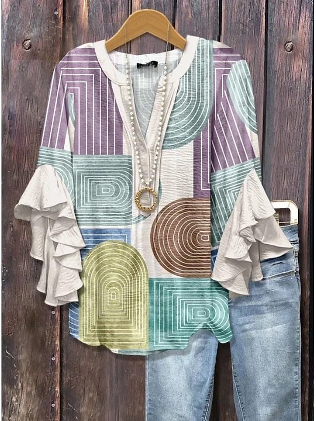 Easter Women's Blouse V Neck Floral Graphic Elegant Bohemia