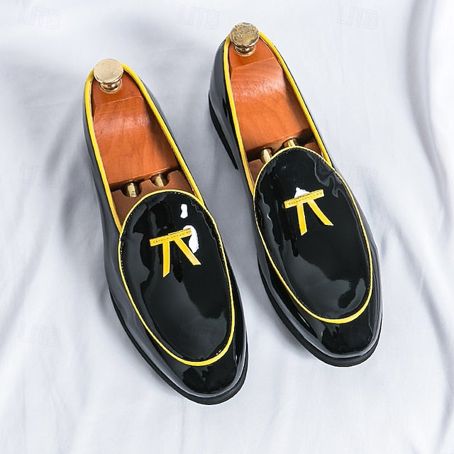 Faux Trim Black Men's Leather Patent Loafers Yellow with