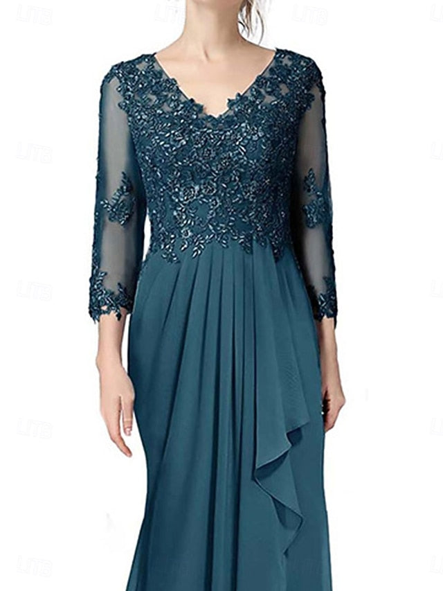Dress Mother Floor Length Neck Bride Elegant V the of A-Line